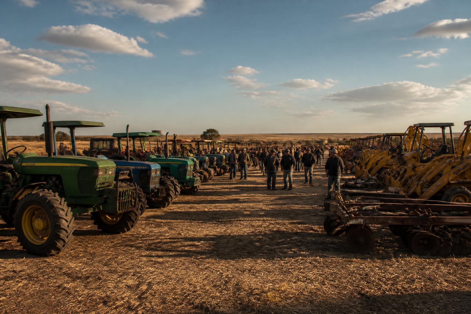 Farm and industrial equipment lined up ahead of a Phil Minnaar auction